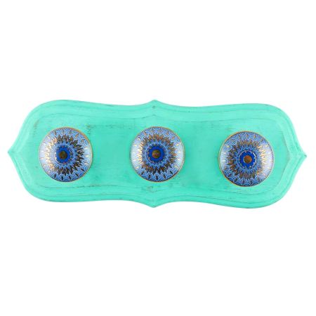 Sage Green And Blue Peacock Ceramic Wooden Hook